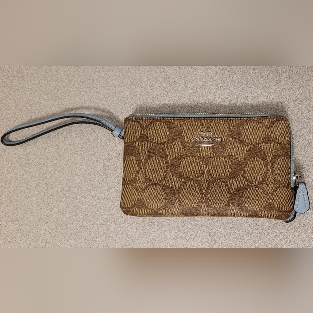 Coach Signature Wristlet Brown/Tan with Light Blue Trim